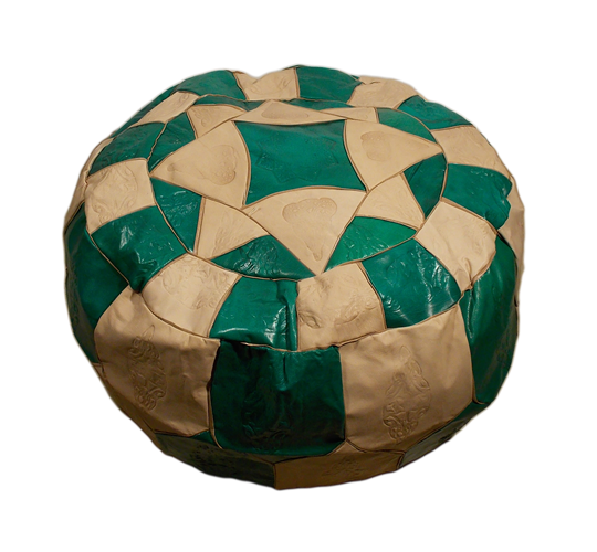 Moroccan Stamped Green and Beige Leather Pouf Ottoman